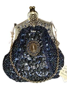 BEADED ORNATE Rhinestones Evening Clutch Navy blue Antique Bronze Frame & chain